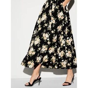 The Occasion Black Floral Taffeta Midi Skirt L Pockets Romantic Coquette NWOT